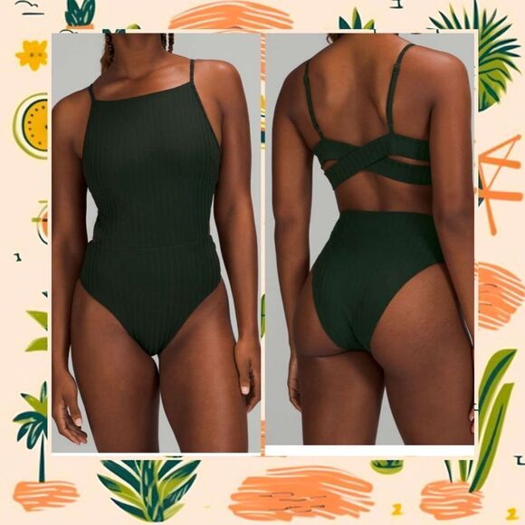 Lululemon Ribbed High-Neck Cross-Back One-Piece Forrest Green size XS‎ NWT 💚 - Picture 1 of 8